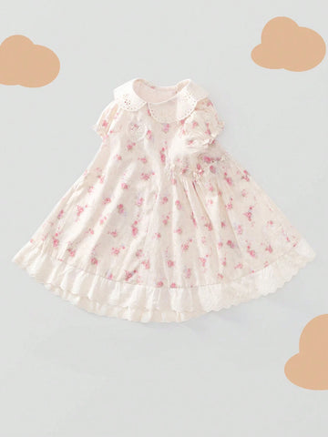 1pc Girls' Pink Floral Lace Puff Sleeve Dress, Summer