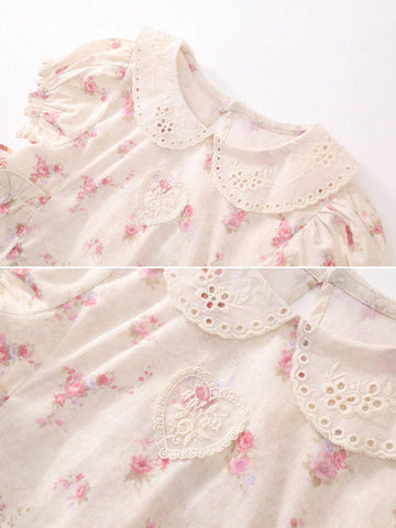 1pc Girls' Pink Floral Lace Puff Sleeve Dress, Summer