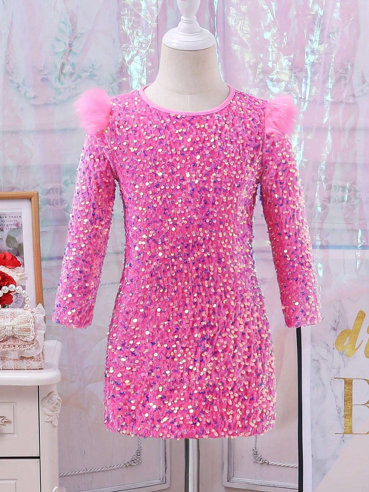 1pc Girls Plush Round Neck Ruffle Shoulder Dress, Spring/Autumn; 1pc Girls Mesh Polka Dot Sequin Zipper Back Long Sleeve Solid Color Dress