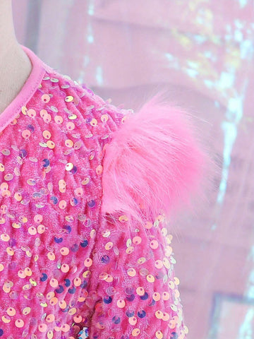 1pc Girls Plush Round Neck Ruffle Shoulder Dress, Spring/Autumn; 1pc Girls Mesh Polka Dot Sequin Zipper Back Long Sleeve Solid Color Dress
