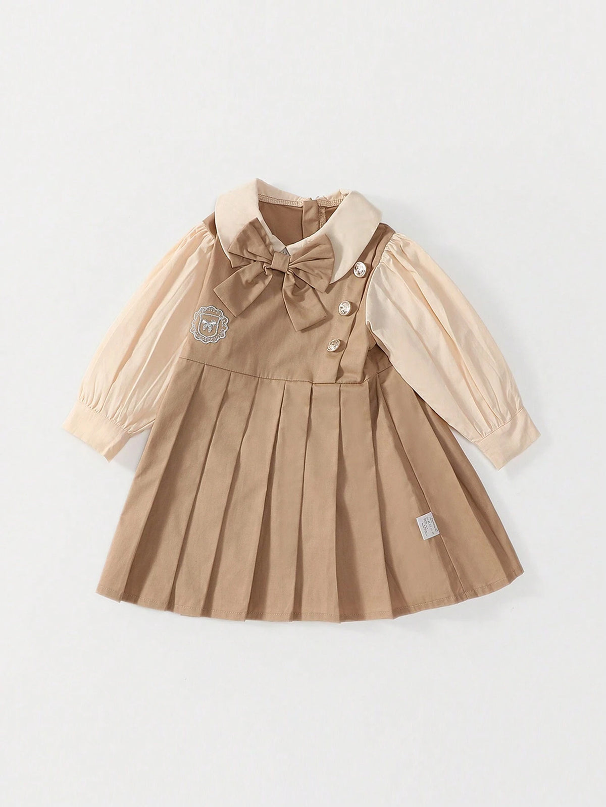 1pc Girls Preppy Style Bow Decor Faux 2-Piece Pleated Long Sleeve Dress, Spring/Fall