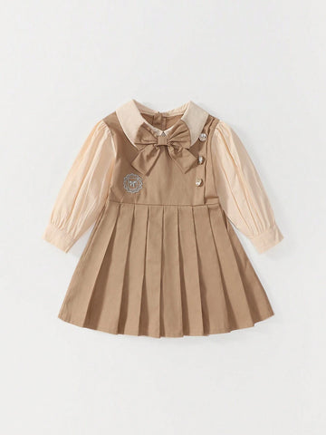 1pc Girls Preppy Style Bow Decor Faux 2-Piece Pleated Long Sleeve Dress, Spring/Fall