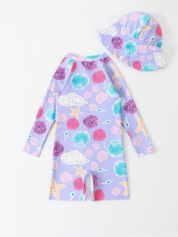 1pc Girls' Random Print Athletic One-Piece Swimsuit