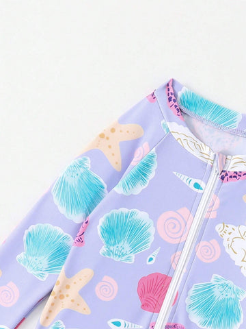 1pc Girls' Random Print Athletic One-Piece Swimsuit