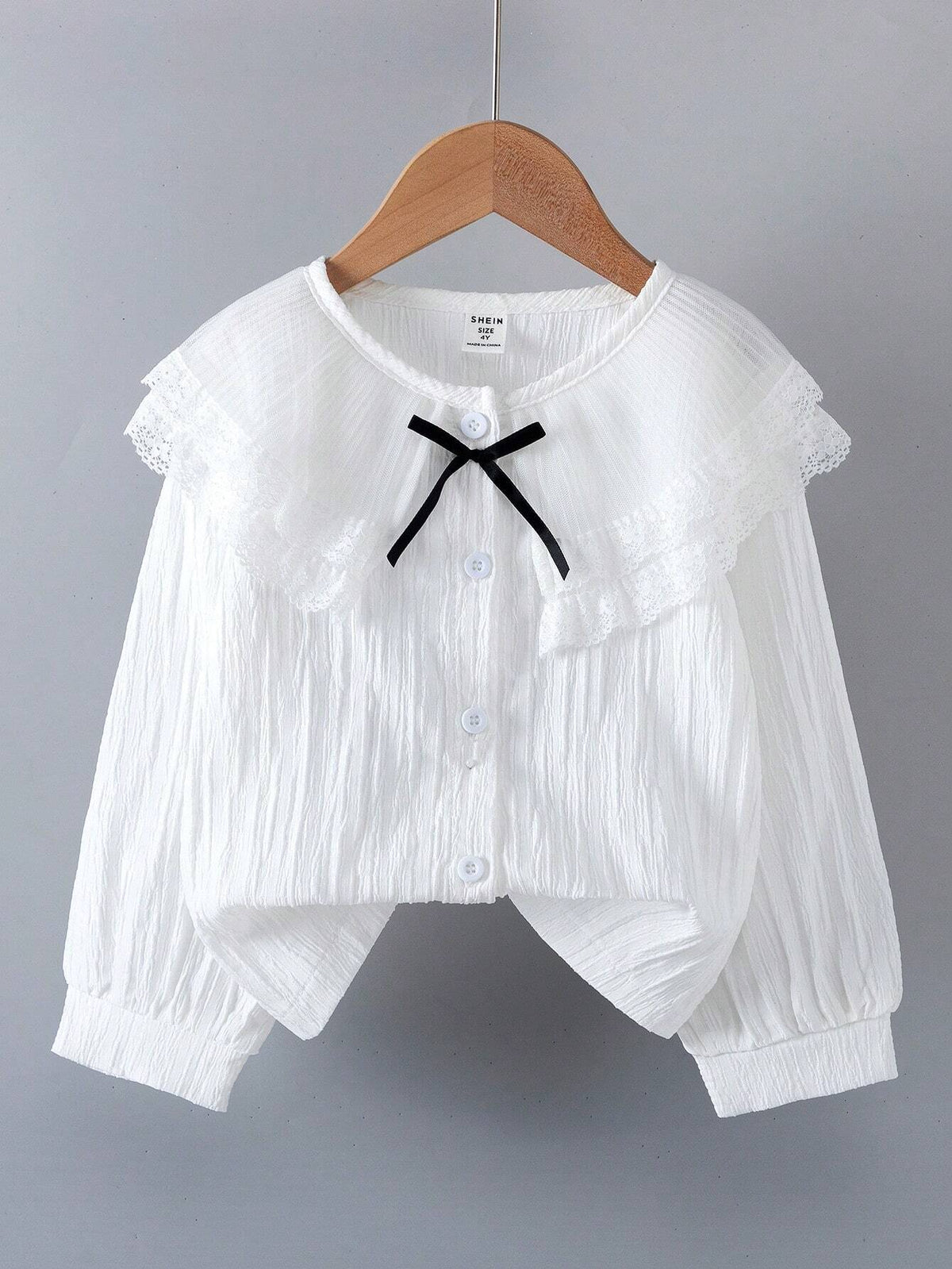 1pc Girls Ruffled Collared Button Down Lace Trim Lantern Sleeve Princess Blouse, Spring & Autumn