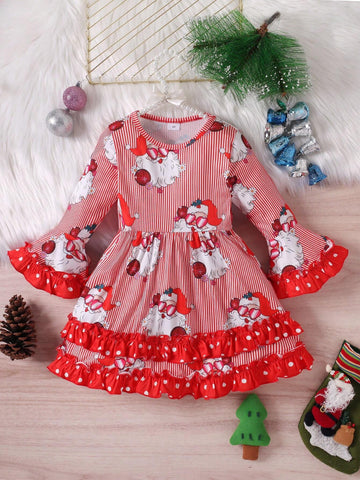 1pc Girls Santa Claus Striped & Polka Dots Pattern Soft And Comfortable Knitted Fabric Bell-Sleeve Dress For Autumn/Winter