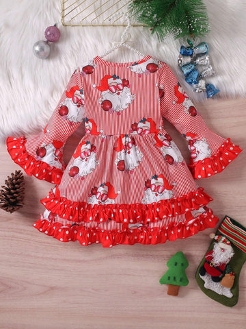 1pc Girls Santa Claus Striped & Polka Dots Pattern Soft And Comfortable Knitted Fabric Bell-Sleeve Dress For Autumn/Winter