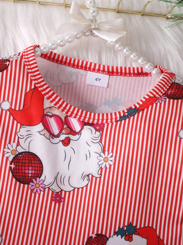 1pc Girls Santa Claus Striped & Polka Dots Pattern Soft And Comfortable Knitted Fabric Bell-Sleeve Dress For Autumn/Winter
