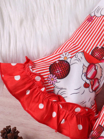 1pc Girls Santa Claus Striped & Polka Dots Pattern Soft And Comfortable Knitted Fabric Bell-Sleeve Dress For Autumn/Winter