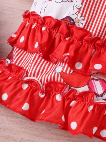 1pc Girls Santa Claus Striped & Polka Dots Pattern Soft And Comfortable Knitted Fabric Bell-Sleeve Dress For Autumn/Winter
