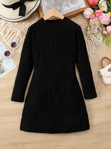 1pc Girls' Solid Color Bodycon Dress, Suitable For 4-7 Years Old, Autumn/Winter