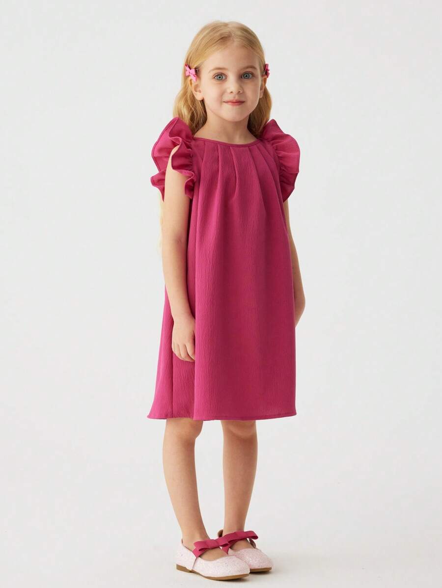 1pc Girls' Solid Color Bowknot Short Sleeve Dress, Summer
