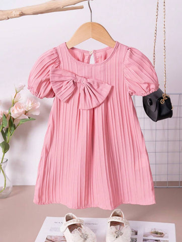 1pc Girls Solid Color Bowknot Short Sleeve Dress, Summer