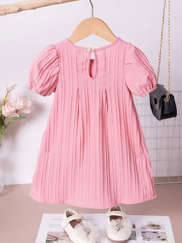 1pc Girls Solid Color Bowknot Short Sleeve Dress, Summer