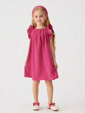 1pc Girls' Solid Color Bowknot Short Sleeve Dress, Summer