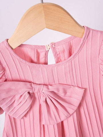 1pc Girls Solid Color Bowknot Short Sleeve Dress, Summer