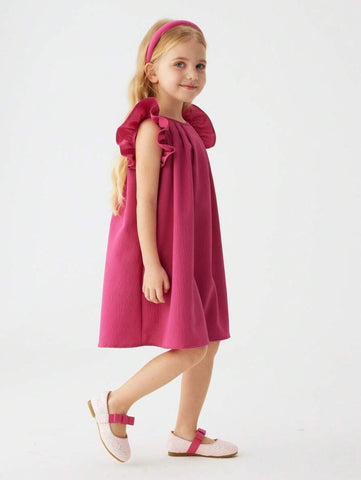 1pc Girls' Solid Color Bowknot Short Sleeve Dress, Summer