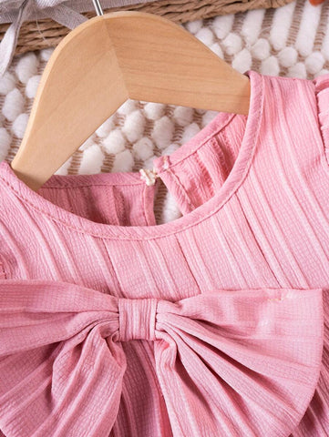 1pc Girls Solid Color Bowknot Short Sleeve Dress, Summer