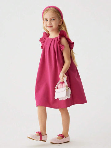 1pc Girls' Solid Color Bowknot Short Sleeve Dress, Summer