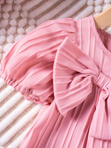 1pc Girls Solid Color Bowknot Short Sleeve Dress, Summer