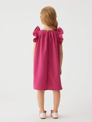 1pc Girls' Solid Color Bowknot Short Sleeve Dress, Summer