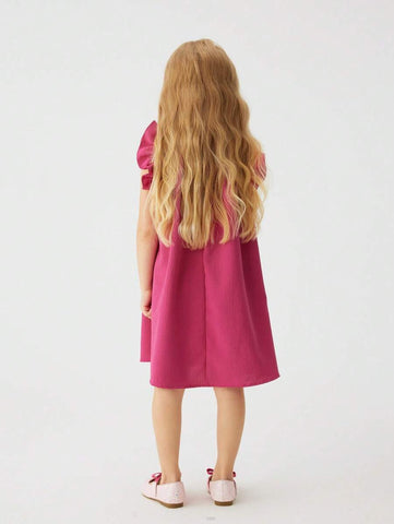 1pc Girls' Solid Color Bowknot Short Sleeve Dress, Summer