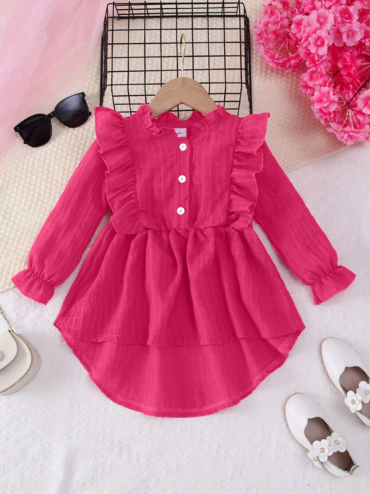 1pc Girls Solid Color Ruffle Hem Front Short Back Long Soft Woven Fabric Fashion Dress, Fall/Winter