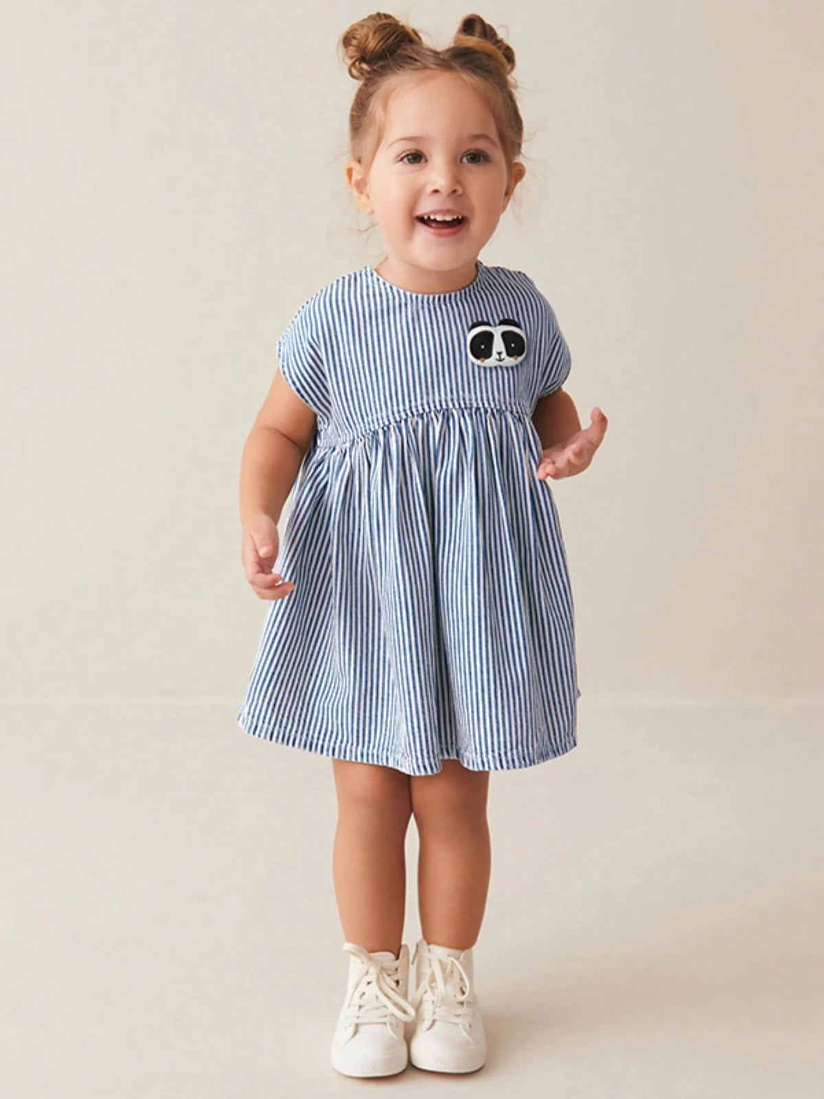 1pc Girls Striped Panda Embroidery Sleeveless Princess Dress, Blue & White, Summer