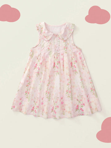 1pc Girls' Style Pink Floral Sleeveless Dress With Collar For Summer