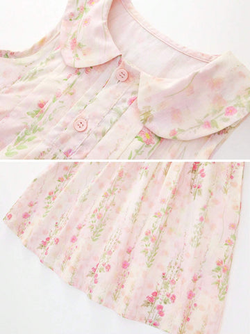 1pc Girls' Style Pink Floral Sleeveless Dress With Collar For Summer