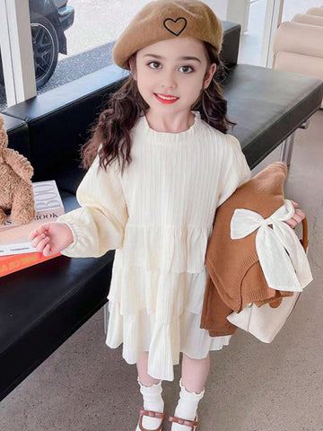 1pc Girls Stylish Ruffle Collar Long Sleeve Chiffon Cake Dress, Autumn