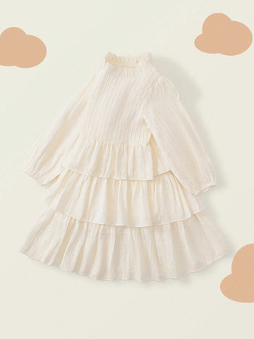 1pc Girls Stylish Ruffle Collar Long Sleeve Chiffon Cake Dress, Autumn