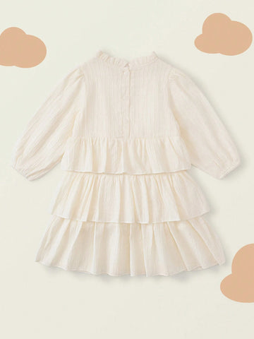 1pc Girls Stylish Ruffle Collar Long Sleeve Chiffon Cake Dress, Autumn