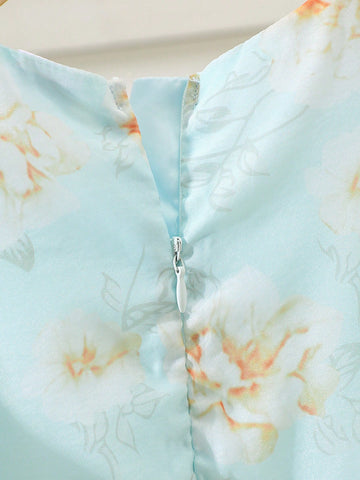 1pc Girls Summer Round Neck Flare Sleeve Ditsy Floral Ruched Waist Organza Long Dress