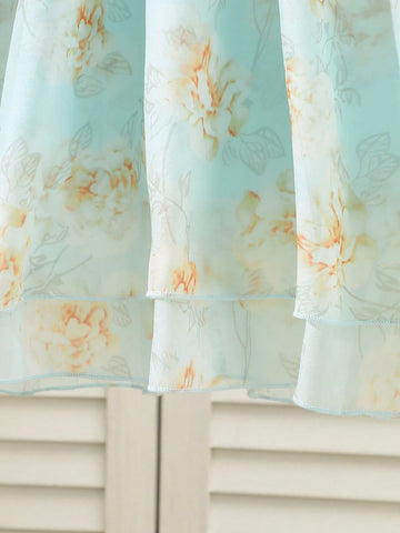 1pc Girls Summer Round Neck Flare Sleeve Ditsy Floral Ruched Waist Organza Long Dress