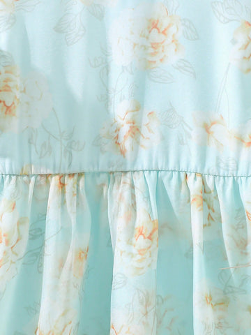 1pc Girls Summer Round Neck Flare Sleeve Ditsy Floral Ruched Waist Organza Long Dress