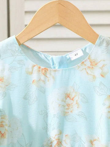 1pc Girls Summer Round Neck Flare Sleeve Ditsy Floral Ruched Waist Organza Long Dress