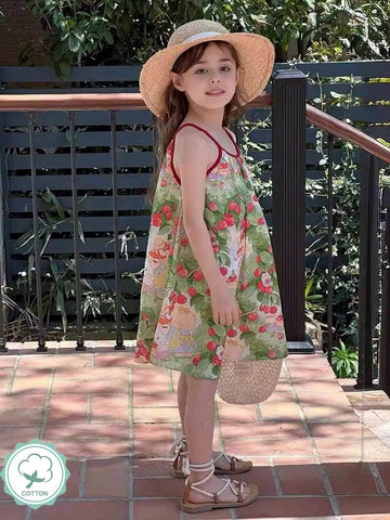 1pc Girls' Sweet Cartoon Printed Sleeveless Strap Dress, Summer