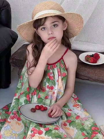 1pc Girls' Sweet Cartoon Printed Sleeveless Strap Dress, Summer