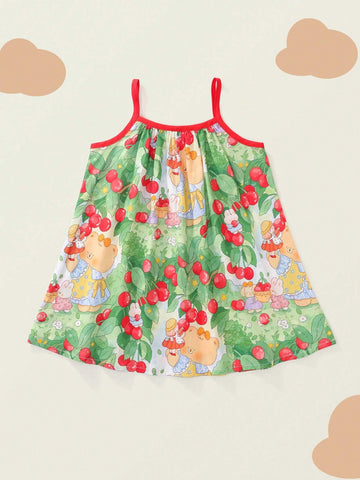 1pc Girls' Sweet Cartoon Printed Sleeveless Strap Dress, Summer
