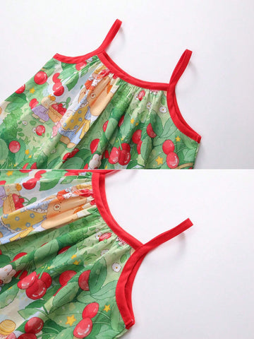 1pc Girls' Sweet Cartoon Printed Sleeveless Strap Dress, Summer