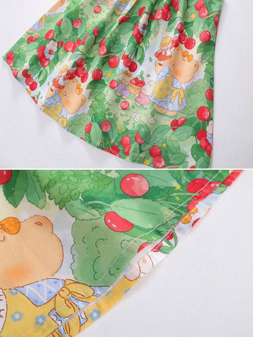 1pc Girls' Sweet Cartoon Printed Sleeveless Strap Dress, Summer