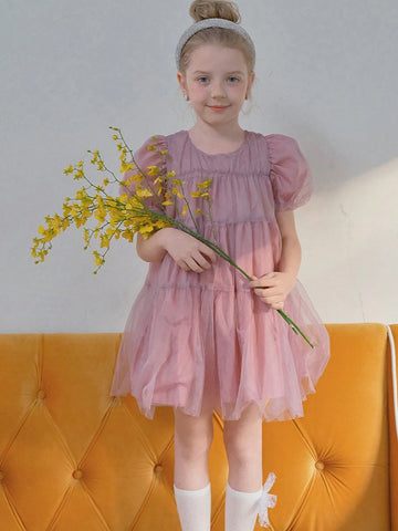 1pc Girls Sweet Luxurious Purple Tulle Puff Sleeve Princess Dress, Summer