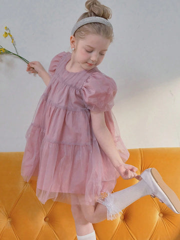 1pc Girls Sweet Luxurious Purple Tulle Puff Sleeve Princess Dress, Summer