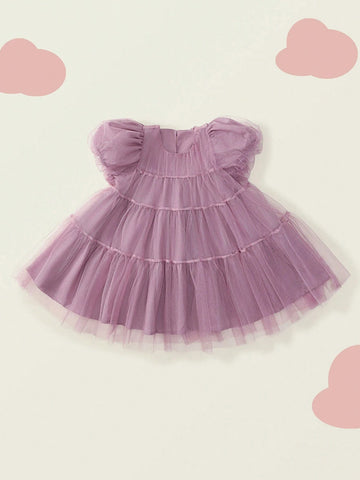 1pc Girls Sweet Luxurious Purple Tulle Puff Sleeve Princess Dress, Summer