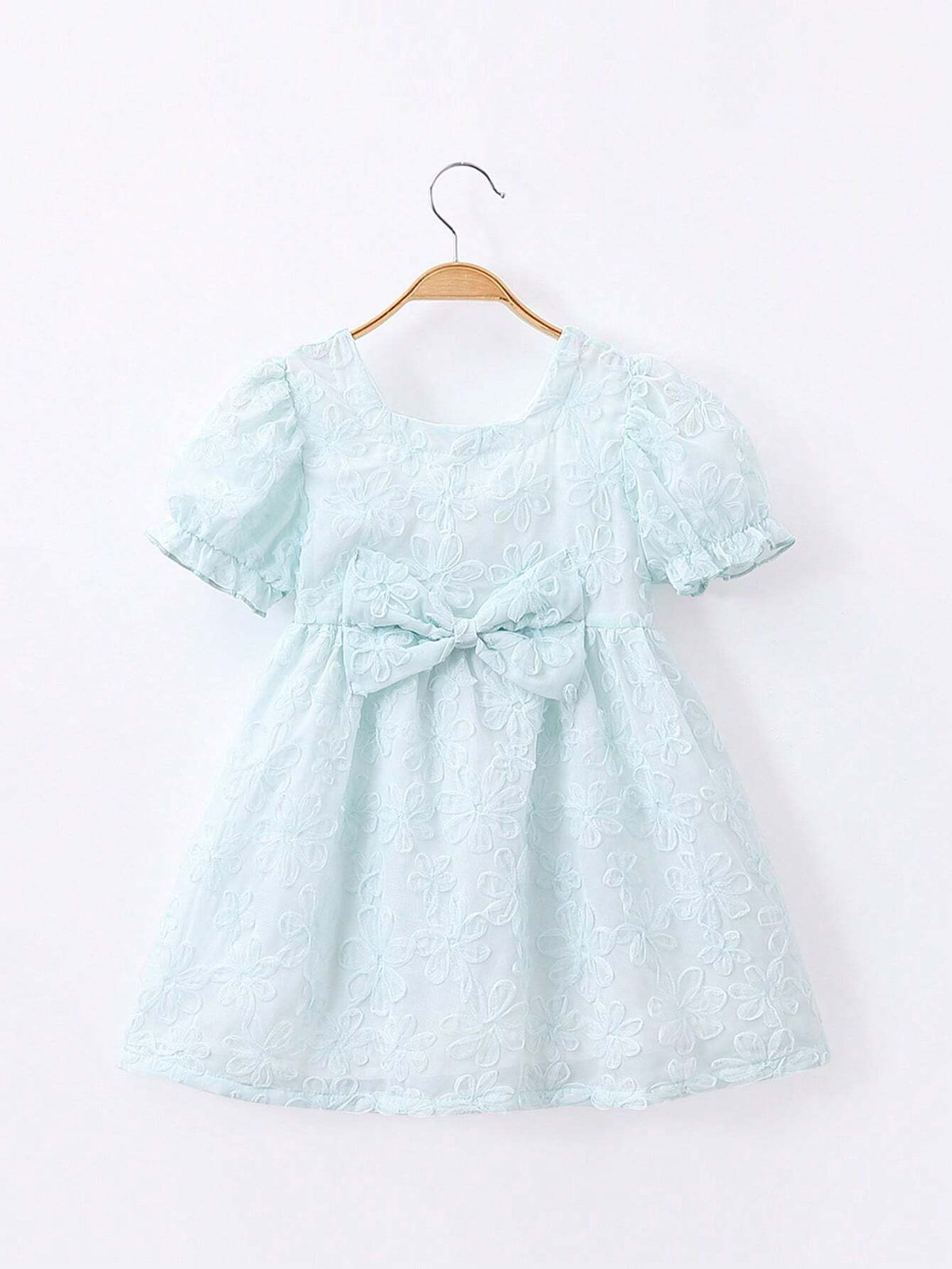 1pc Girls' Sweet Puff Sleeve Dress With 3D Bow Decoration, Mesh Princess Dress For Summer