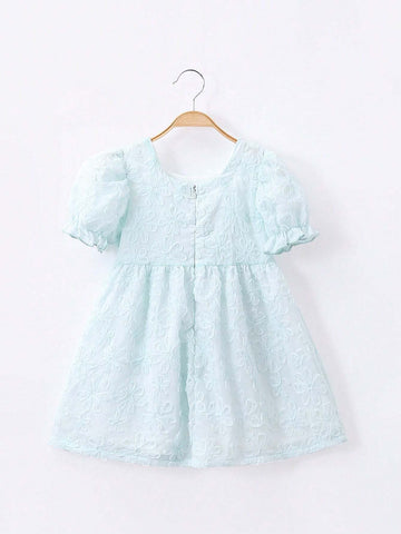 1pc Girls' Sweet Puff Sleeve Dress With 3D Bow Decoration, Mesh Princess Dress For Summer