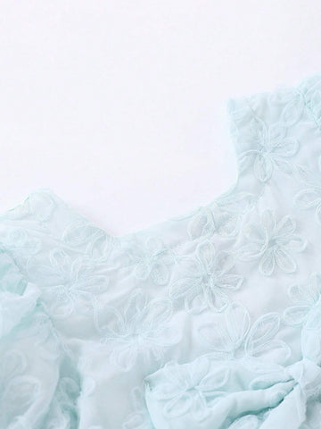 1pc Girls' Sweet Puff Sleeve Dress With 3D Bow Decoration, Mesh Princess Dress For Summer