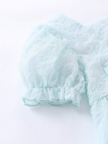 1pc Girls' Sweet Puff Sleeve Dress With 3D Bow Decoration, Mesh Princess Dress For Summer