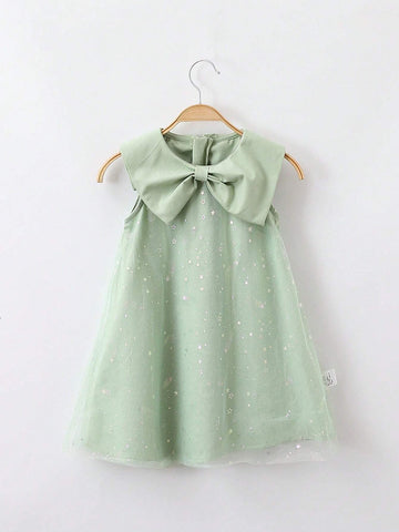 1pc Girls" Sweet Star Printed Sleeveless Dress With 3D Bow Decoration And Mesh Skirt For Summer